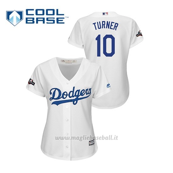Maglia Baseball Donna Los Angeles Dodgers 10 Justin Turner 2019 Postseason Cool Base Bianco